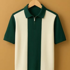 VINTAGE PANEL Colorblock Zip Polo - Forest Green & Cream 50% off