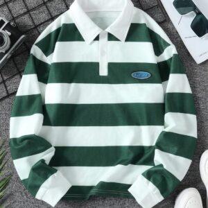 CAMPUS STRIPES Oversized Rugby Polo - Green & White 50% off