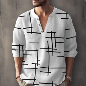 Men's Geometric Pattern Geometry Shirt Linen Shirt Button Up Shirt Long Sleeve