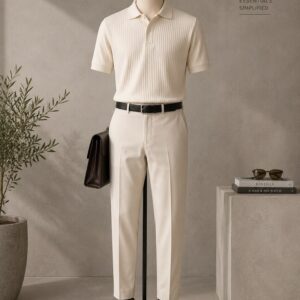 Men's Monochrome Cream Outfit | Ribbed Knit Polo & Trousers